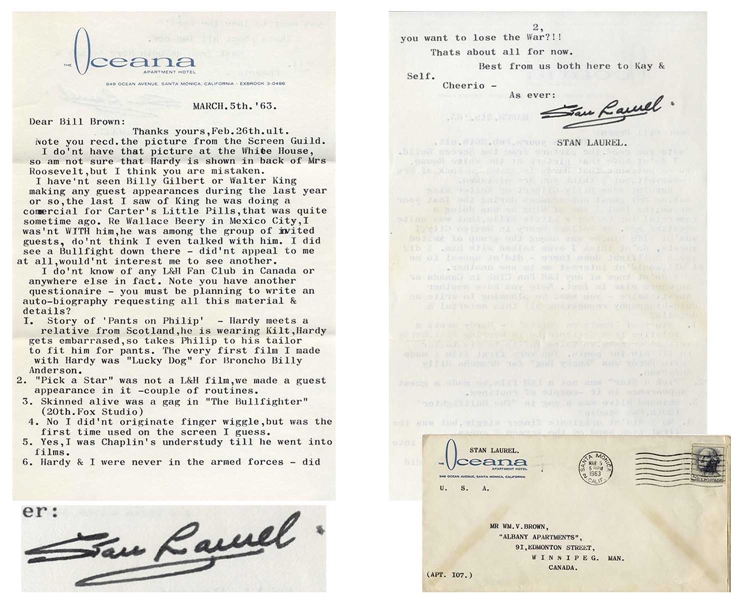 Stan Laurel Letter Signed, With Plenty of Info on His Career With Laurel & Hardy -- ''...Hardy & I were never in the armed forces - did you want to lose the War?!!...''